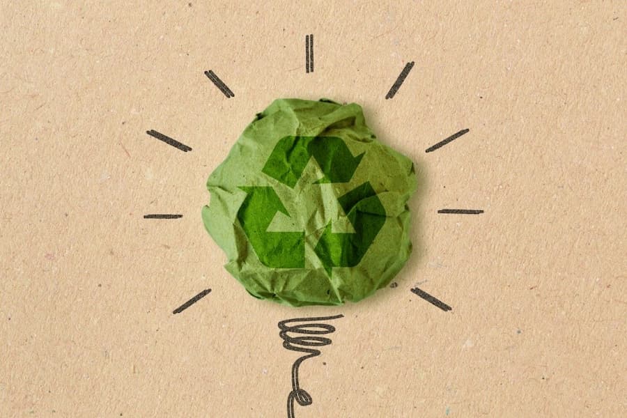 A crumpled paper with a recycle symbol inside