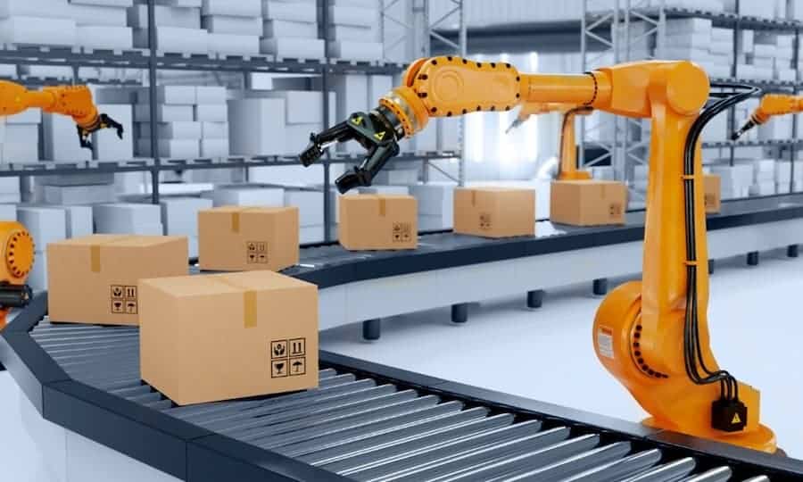 A robotic arm working on a conveyor belt