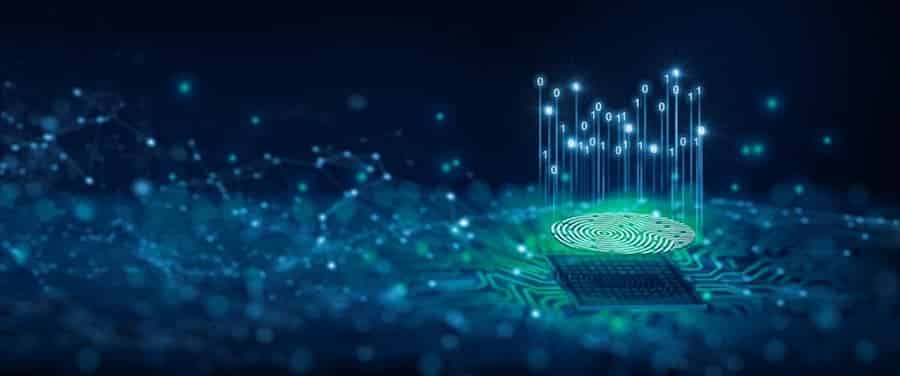 A computer chip with glowing lights
